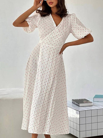 Elasticity Heart Print Jacquard Polka-Dot Split-Joint Tied Waist A-Line High Waisted V-Neck Midi Dresses