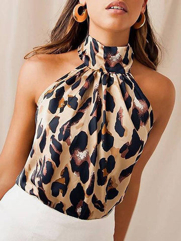 Backless Leopard Pleated Split-Joint Loose Sleeveless Halter-Neck Vest Top