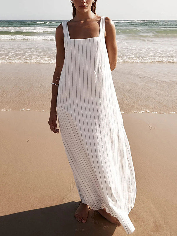 Striped A-Line Loose Square-Neck Maxi Dresses