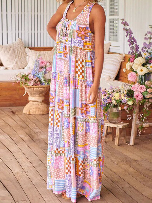 Contrast Color Flower Print Plaid Printed Loose Sleeveless Round-Neck Maxi Dresses