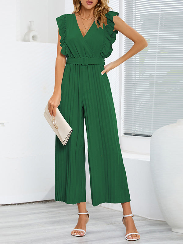 Belted Pleated Ruffled Solid Color High Waisted Loose V-Neck Jumpsuits