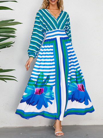 Backless Elasticity Flower Print Split-Joint Striped Tied A-line Long Sleeves V-neck Maxi Dresses