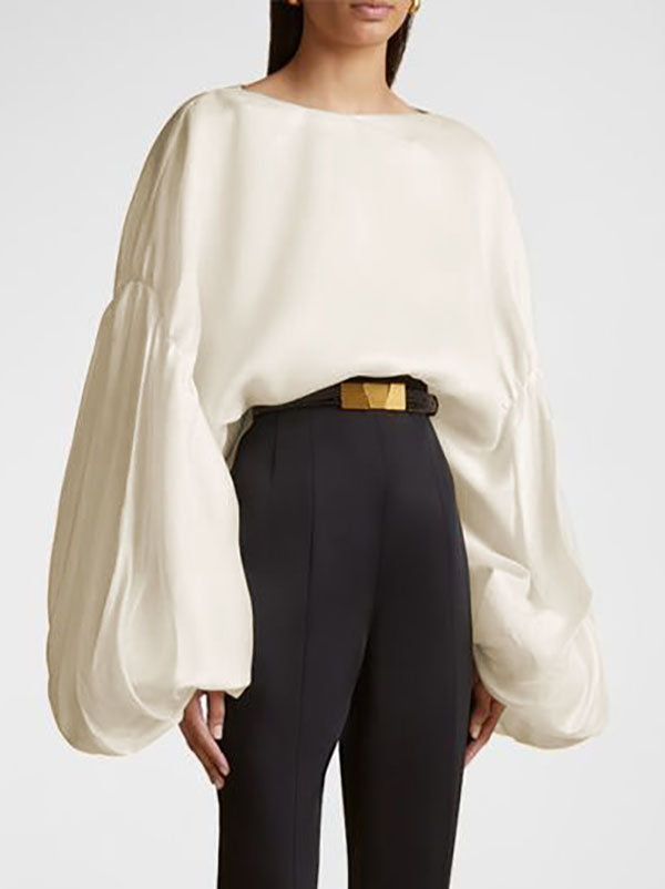 Elasticity Pleated Solid Color Split-Joint Long Sleeves Loose Round-neck Blouses&shirts Tops