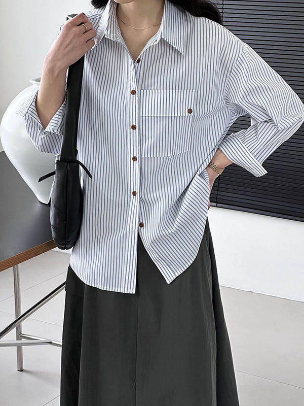 Buttoned Pockets Striped Long Sleeves Loose Lapel Blouses&Shirts Tops