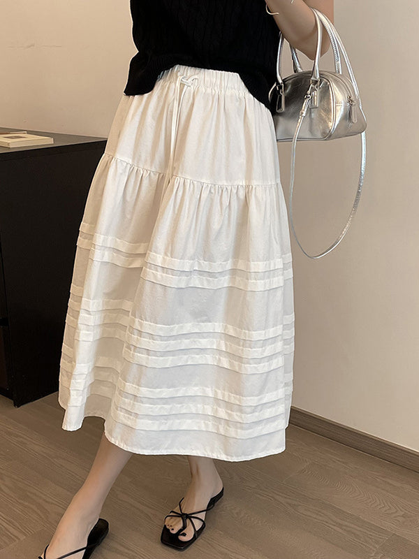 Drawstring Elasticity Pleated See-Through Solid Color Split-Joint A-Line Loose Skirts