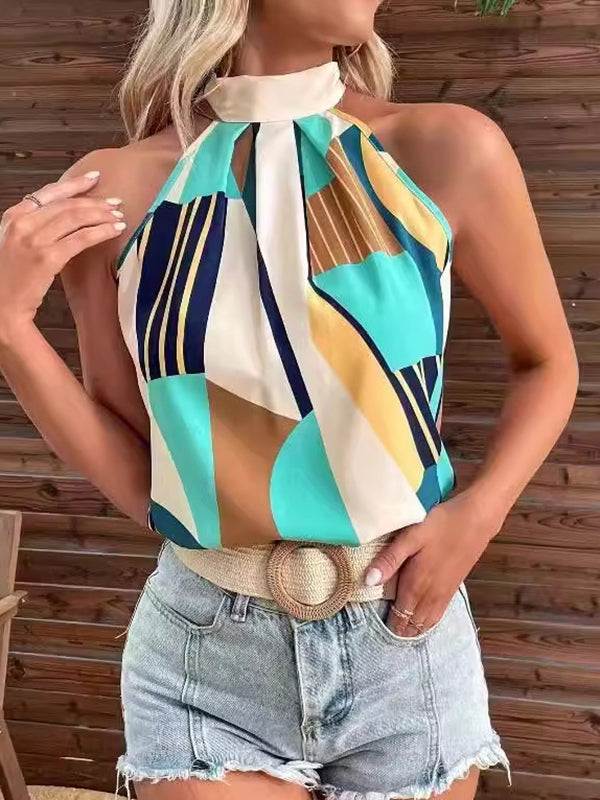 Pleated Printed Loose Sleeveless Halter-Neck Vest Top