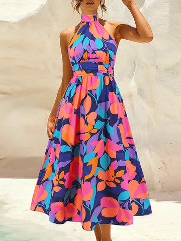 Leaves Print Pleated Split-Joint A-Line Loose Halter-Neck Midi Dresses