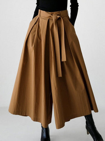 Pleated Solid Color Tied Waist High Waisted Loose Trousers Wide Leg Pants