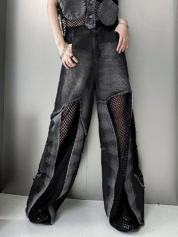 Buttoned Hollow Pockets Split-Joint Wide Leg Jean Pants Bottoms