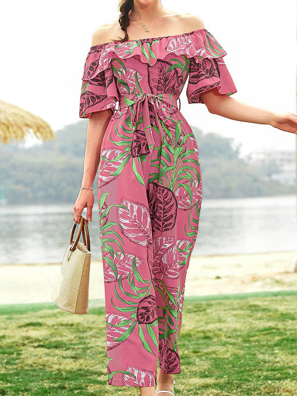 Elasticity Leaves Print Ruffled Tied Waist Half Sleeves Loose Off-The-Shoulder Jumpsuits