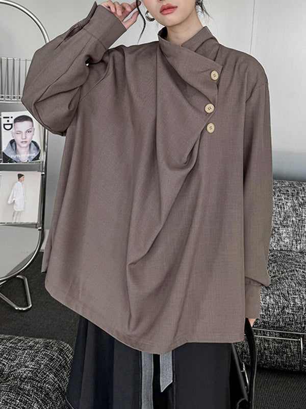 Asymmetric Buttoned Pleated Solid Color Split-Joint Long Sleeves Loose High Neck Blouses