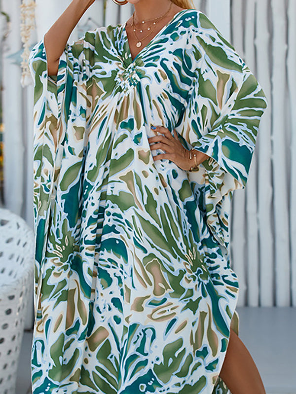 Printed Split-Joint Split-side Sun protection Batwing Sleeves Loose V-neck Maxi Dresses Beach Cover-Up