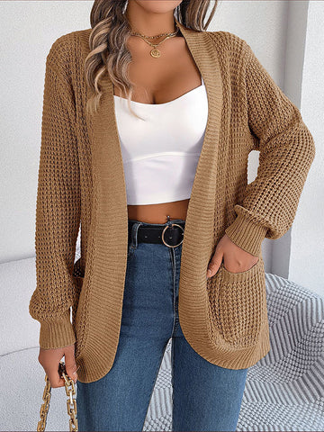 Pockets Solid Color Split-Joint Long Sleeves Loose Collarless Cardigan Tops