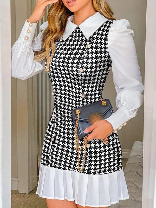 Buttoned Houndstooth Pleated Split-Joint Bodycon High Waisted Lapel Shirt Dress Mini Dresses