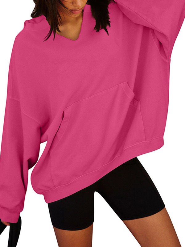 Solid Color Split-Joint Batwing Sleeves Loose Hooded Hoodies Tops