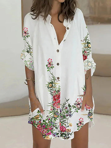 Buttoned Flower Print Long Sleeves Loose Lapel Shirt Dress Mini Dresses