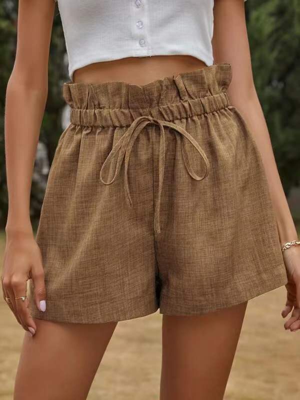 Drawstring Elasticity Pleated Plain High Waisted Relaxed Fit Shorts Bottoms