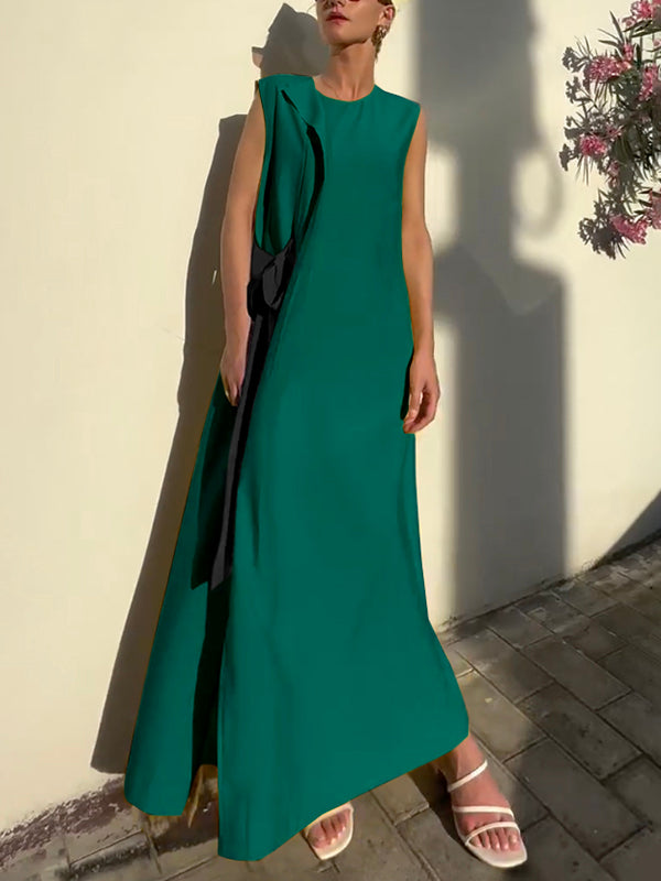 Asymmetric Contrast Color Split-Side Tied Loose Sleeveless Round-Neck Maxi Dresses