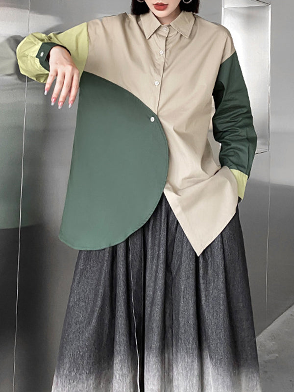 Asymmetric Buttoned Contrast Color Long Sleeves Loose Lapel Blouses&Shirts Tops