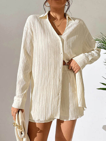 Loose Buttoned Long Sleeves Pleated Solid Color Lapel Shirts Top + Elasticity Shorts Bottom Two Pieces Set