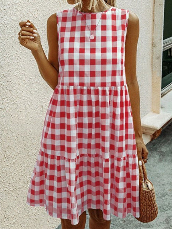 Hollow Plaid Pleated Split-Joint Loose Sleeveless Round-Neck Mini Dresses