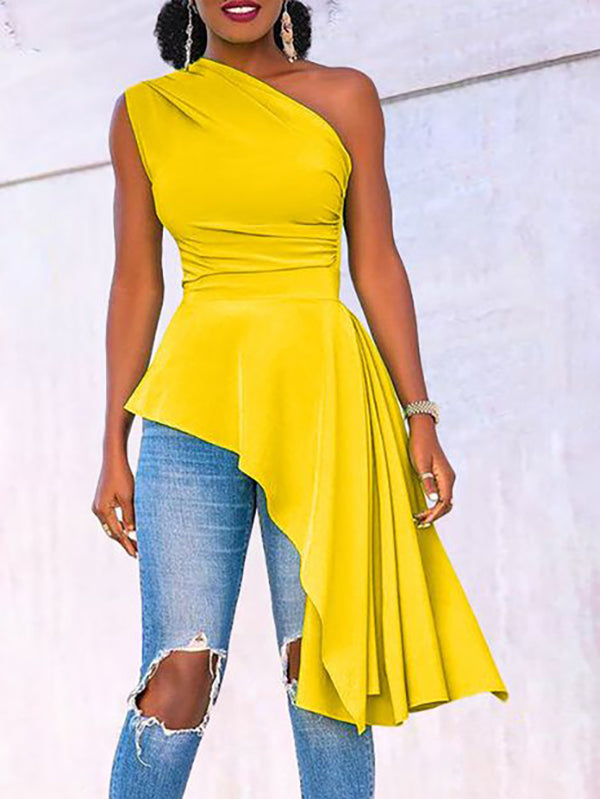 Asymmetric Pleated Solid Color Loose Sleeveless One-shoulder Vest Top