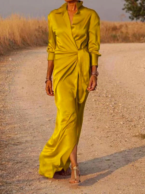 Solid Color Long Sleeves Loose Lapel Collar Maxi Shirt Dresses