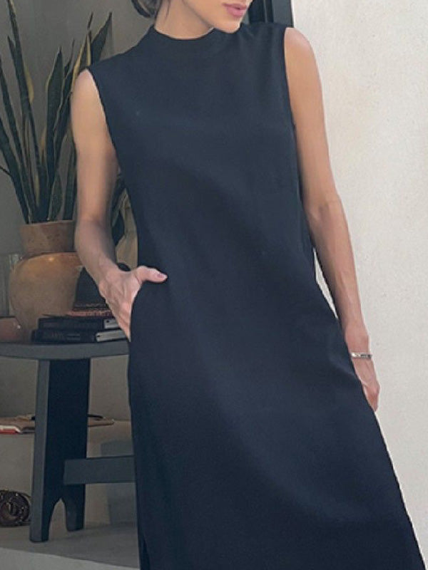 Solid Color Split-Side Loose Sleeveless Mock Neck Maxi Dresses