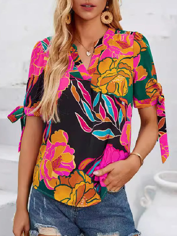 Flower Print Tied Loose Short Sleeves V-Neck Blouses&Shirts Tops