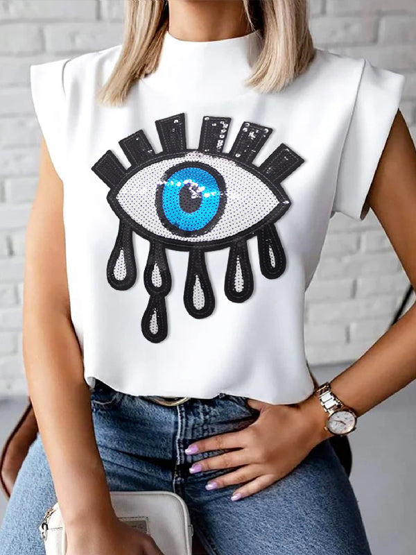 Applique Embroidered Figure Cap Sleeve Loose High-Neck T-Shirts Tops