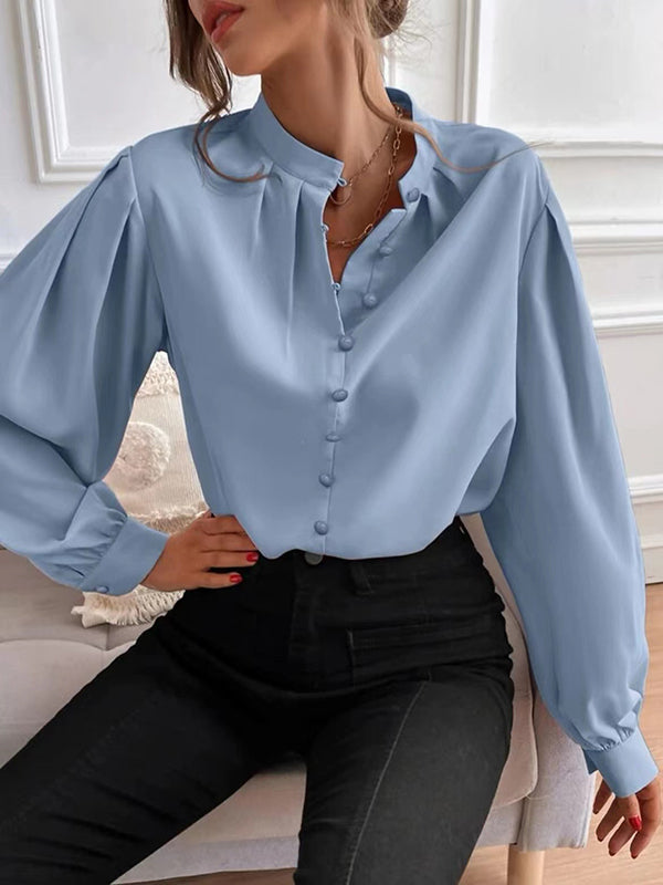 Pleated Solid Color Split-Joint Loose Puff Sleeves Stand Collar Blouses