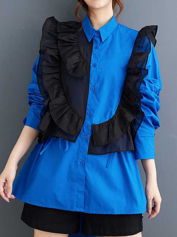 Buttoned Drawstring Ruffle Trim Split-Joint High-Low Long Sleeves Lapel Blouses&Shirts Tops