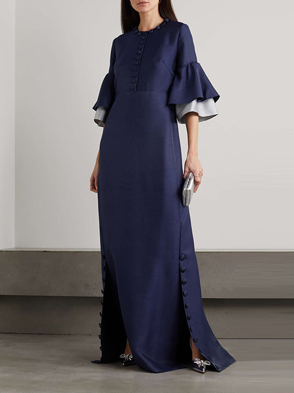 Flared Sleeves Half Sleeves Solid Color Round-Neck Maxi Dresses