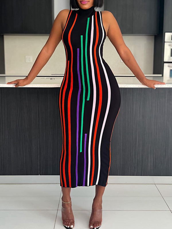 Contrast Color Stamped Bodycon High Waisted High Neck Midi Dresses