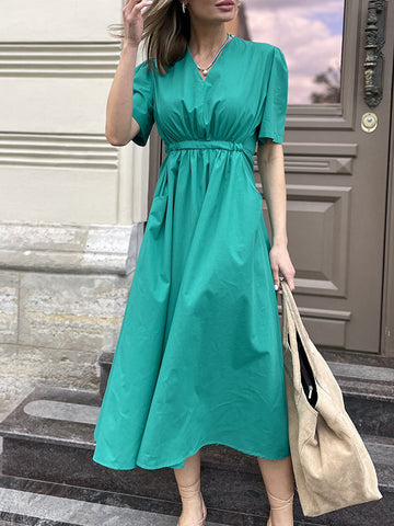 Drawstring Pleated Solid Color Split-Joint Tied Waist Loose Short Sleeves V-Neck Shirt Dress Midi Dresses