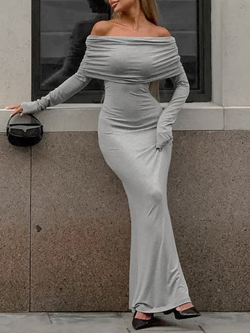 Pleated Solid Color Split-Joint Long Sleeves Skinny Off-the-shoulder Maxi Dresses Evening Dresses