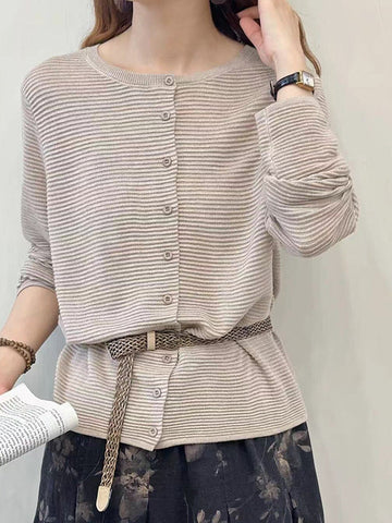 Buttoned Solid Color Split-Joint Long Sleeves Round-Neck Cardigan Tops