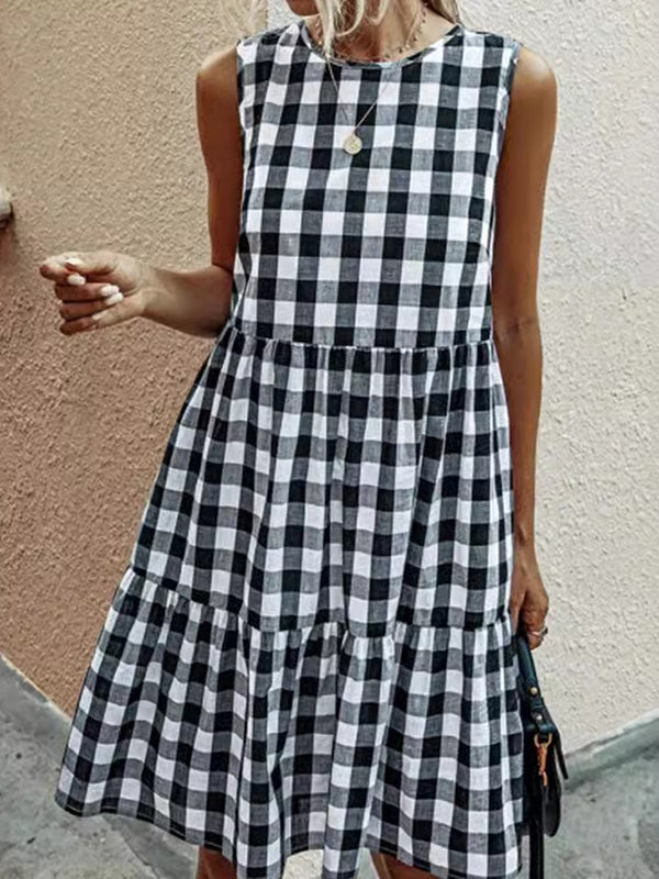 Hollow Plaid Pleated Split-Joint Loose Sleeveless Round-Neck Mini Dresses