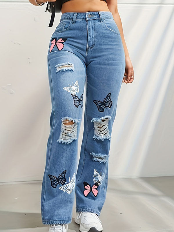 Butterfly Print Fringed Ripped Split-Joint High Waisted Jean Pants Bottoms