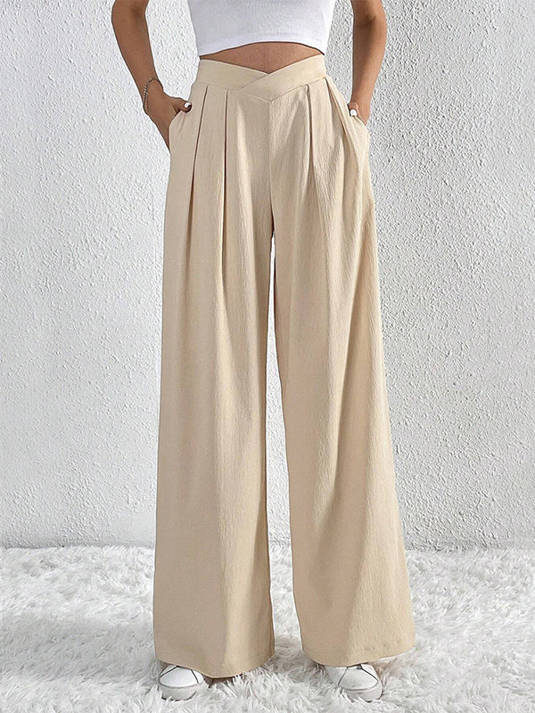 Pleated Plain Relaxed Fit Wide Leg Trousers Pants