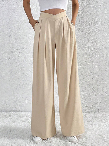 Pleated Solid Color Loose Wide Leg Trousers Pants