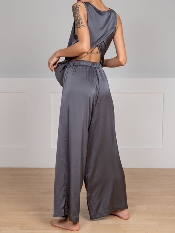 Round-Neck Loose Sleeveless Solid Color Split-Back Vest Top + Elasticity Pants Bottom Pajama Sets