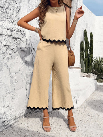 Split-Joint Loose Sleeveless Buttoned Contrast Color Vest Top + Pockets Pants Bottom Two Pieces Set