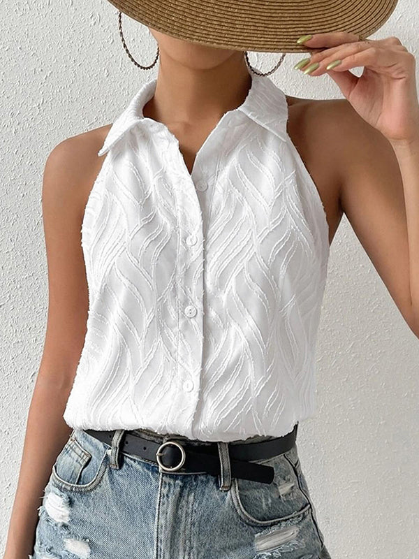 Jacquard See-Through Solid Color Sleeveless Lapel Blouses&Shirts Tops