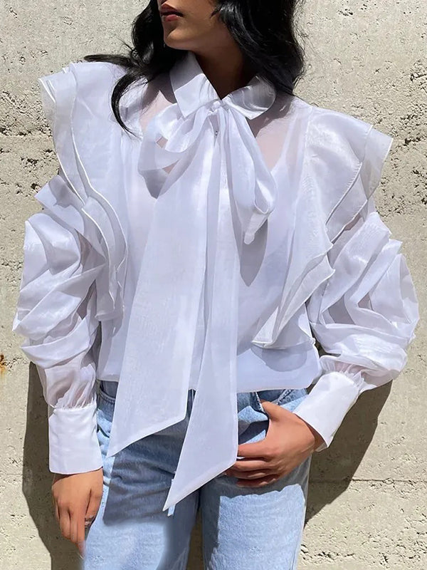 Gauze See-Through Split-Joint Tiered Loose Puff Sleeves Lapel Blouses&shirts Tops