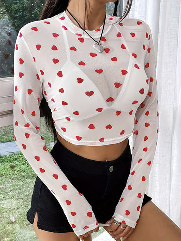 Heart Print Mesh See-Through Split-Joint Long Sleeves Skinny Round-Neck T-Shirts Tops