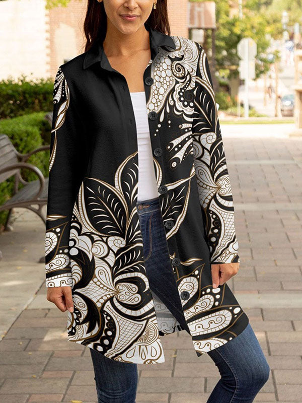 Buttoned Flower Print Pockets Split-Joint Long Sleeves Loose Lapel Outerwear