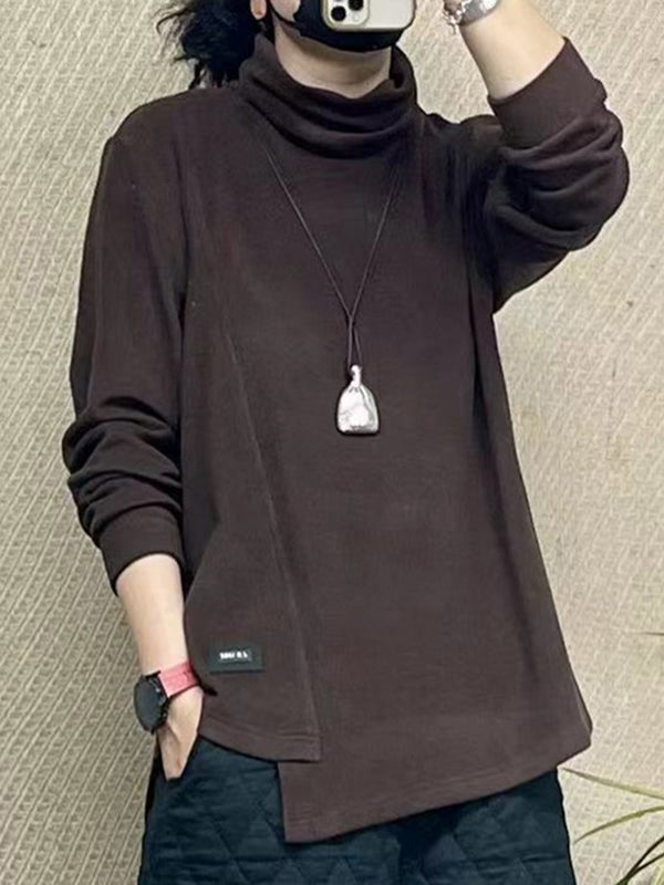 Asymmetric Plain Long Sleeves Relaxed Fit High Neck T-Shirts Tops