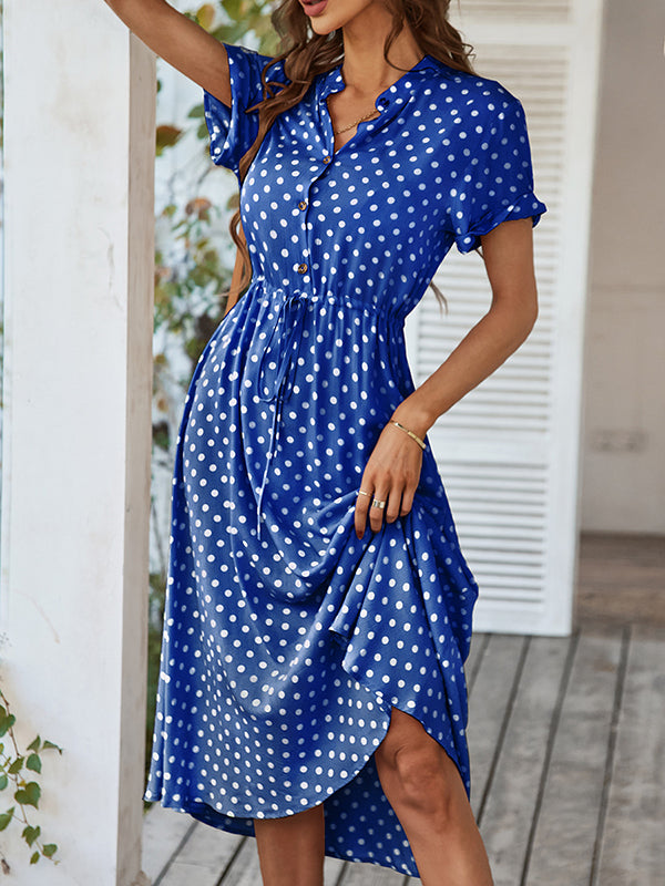 Buttoned Drawstring Polka-Dot A-Line High Waisted V-Neck Shirt Dress Midi Dresses