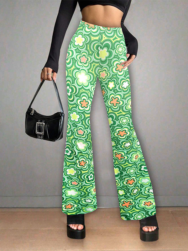 Flower Print Split-Joint High Waisted Loose Pants Flared Trousers